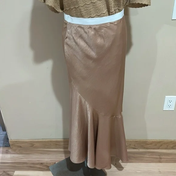 Tan Maxi Trumpet Skirt with Asymmetrical Ruffles - Picture 2 of 9